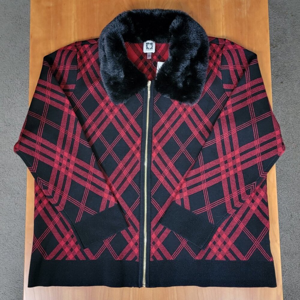 NWT Anne Klein Black & Red Full Zip Sweater Removable Faux Fur Collar - XL - Picture 7 of 15